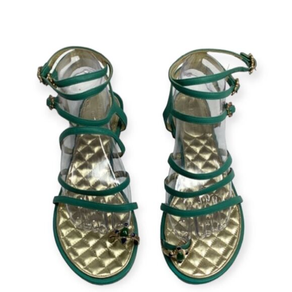 CHANEL Interlocking CC Logo Leather Gladiator Sandals Green Size EU 39.5 8.5US - Picture 1 of 17